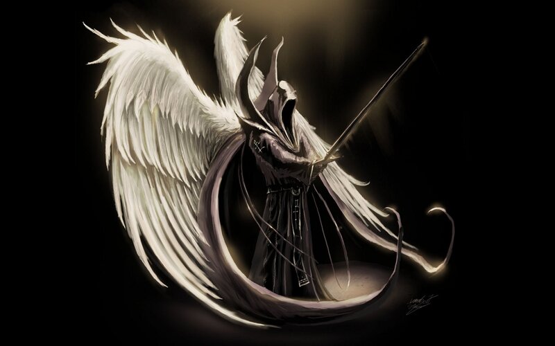 Angelic Warrior with Wings — Black, Dramatic, Night, Digital Art, Sword, Dark Robe