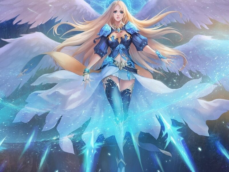Angelic Warrior with Wings — Blue, Dramatic, Digital Art, Armor, Long Hair