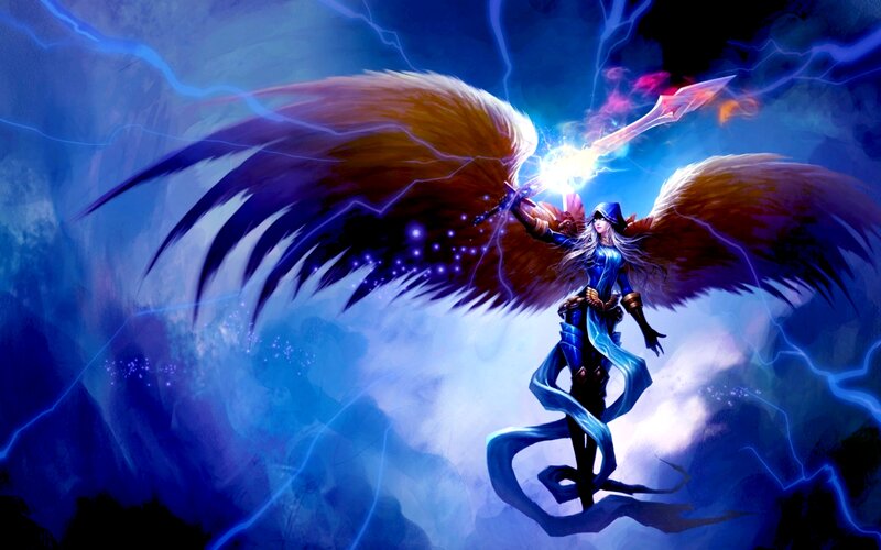 Angelic Warrior with Wings — Blue, Dramatic, Digital Art, Lightning