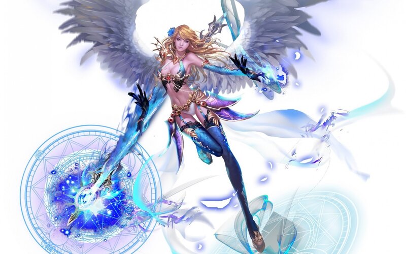 Angelic Warrior with Wings — Blue, Dramatic, Digital Art, Magic Circle