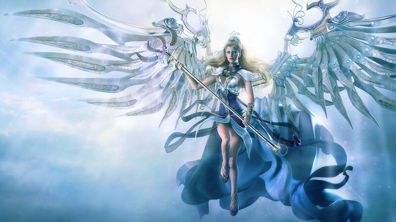 Angelic Warrior with Wings — Blue, Dramatic, Digital Art, Scepter