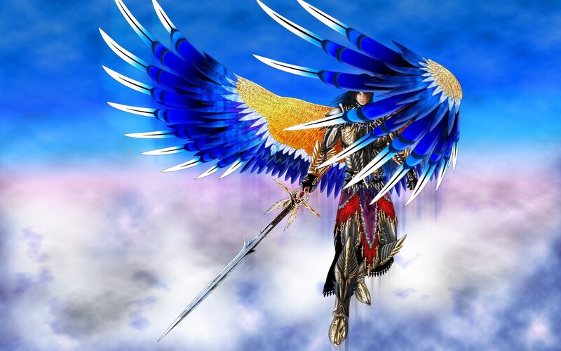 Angelic Warrior with Wings — Blue, Dramatic, Digital Art, Sword, Armor