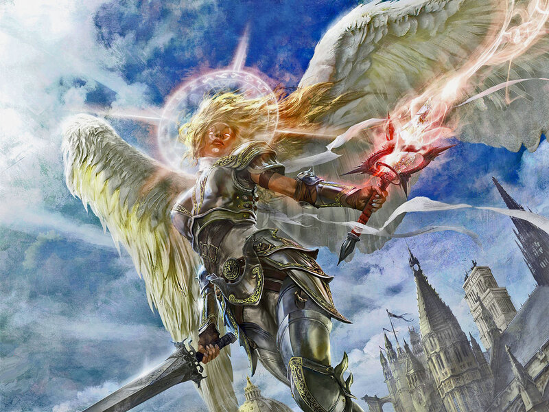 Angelic Warrior with Wings — Blue, Dramatic, Digital Art, Sword, Castle