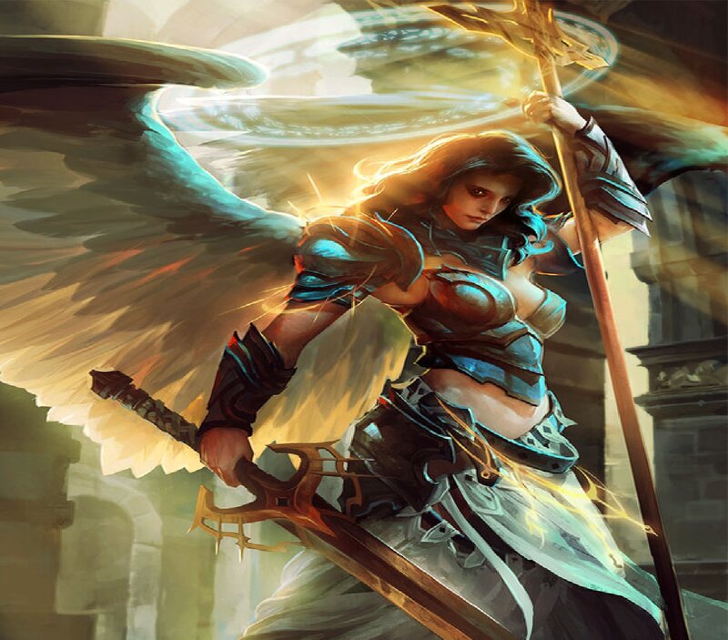 Angelic Warrior with Wings — Blue, Dramatic, Digital Art, Sword, Staff