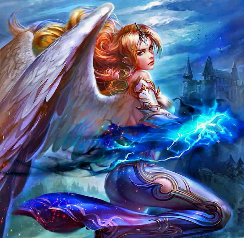Angelic Warrior with Wings — Blue, Dramatic, Night, Digital Art, Castle