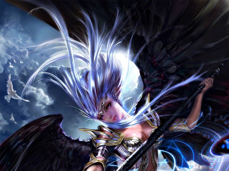 Angelic Warrior with Wings — Blue, Dramatic, Night, Digital Art, Sword