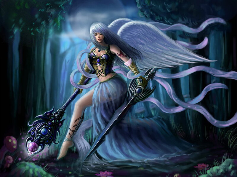 Angelic Warrior with Wings — Blue, Dramatic, Night, Digital Art