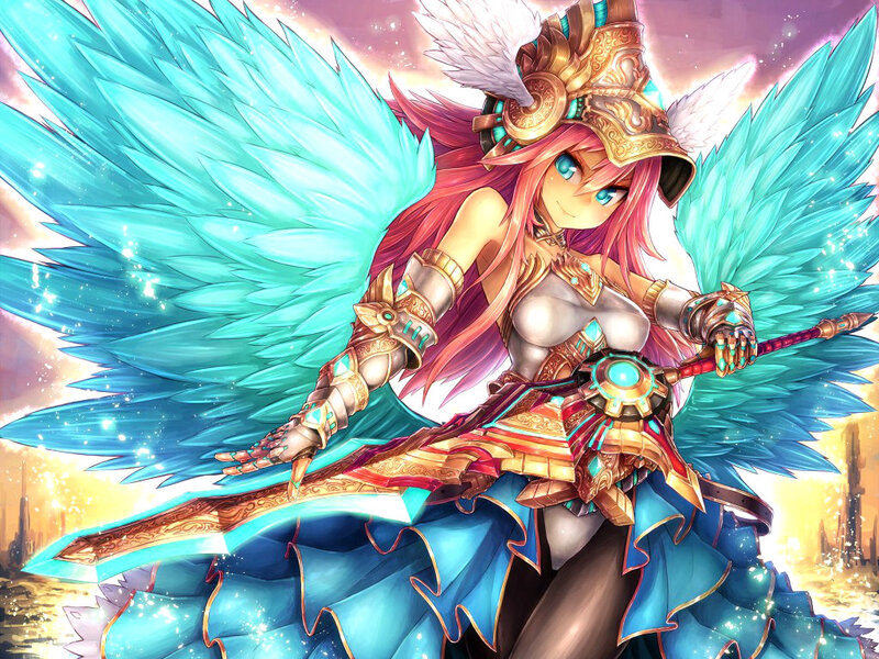 Angelic Warrior with Wings — Blue, Dramatic, Sunset, Anime