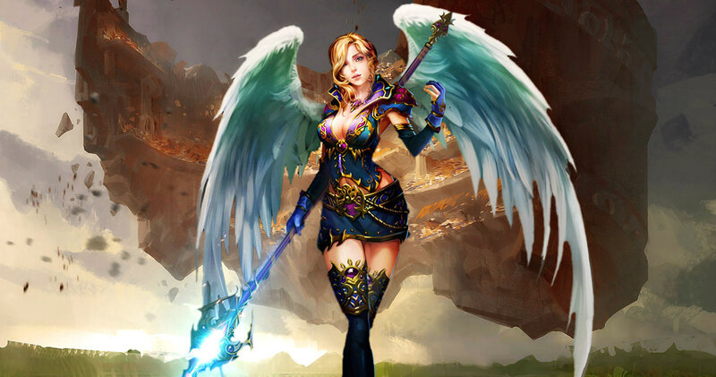Angelic Warrior with Wings — Blue, Dramatic, Sunset, Digital Art