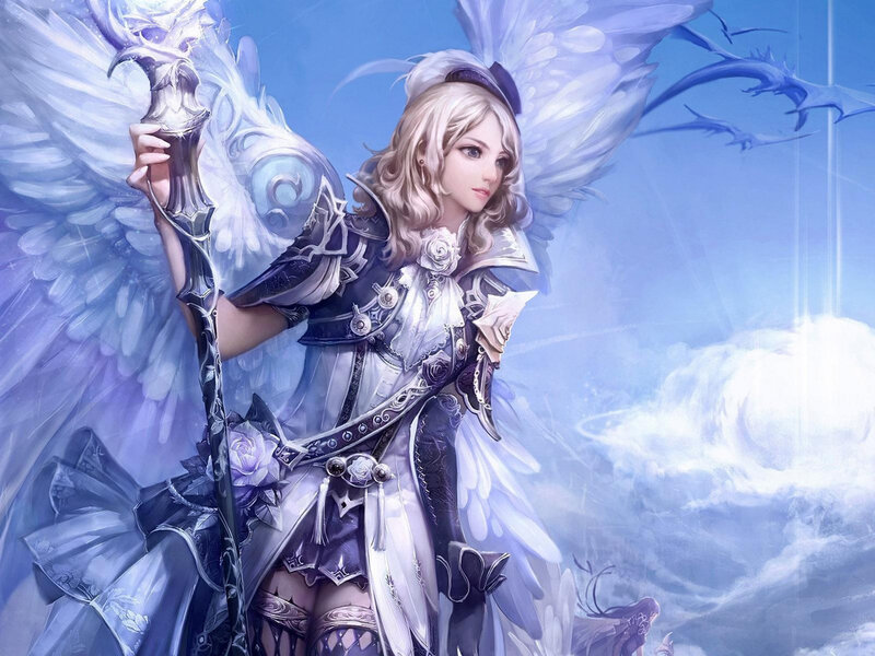 Angelic Warrior with Wings — Blue, Serene, Digital Art, Staff, Clouds