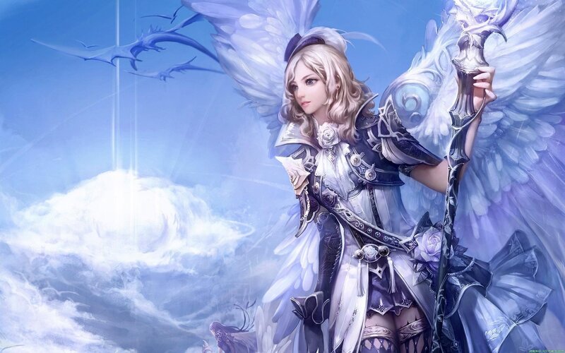 Angelic Warrior with Wings — Blue, Serene, Digital Art, Staff