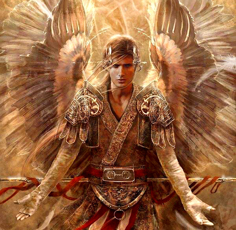 Angelic Warrior with Wings — Brown, Dramatic, Digital Art, Armor, Spear