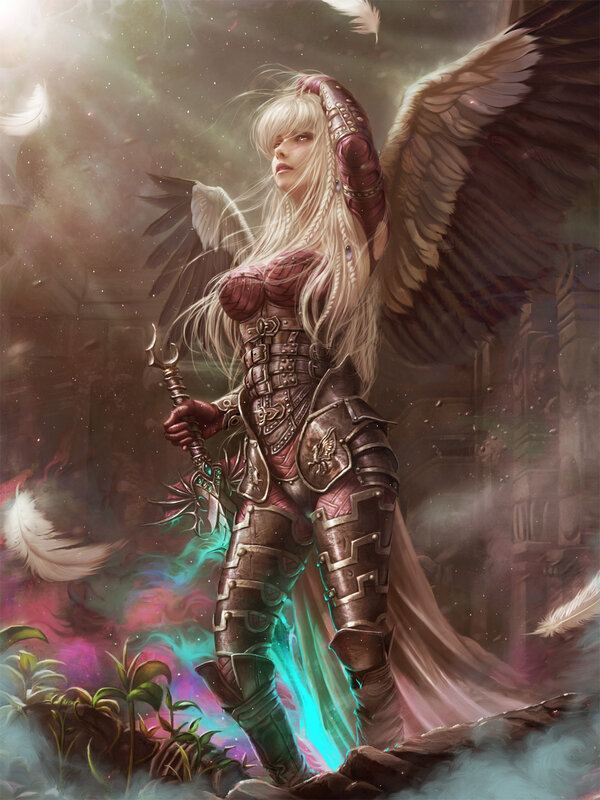 Angelic Warrior with Wings — Brown, Dramatic, Digital Art, Sword, Armor