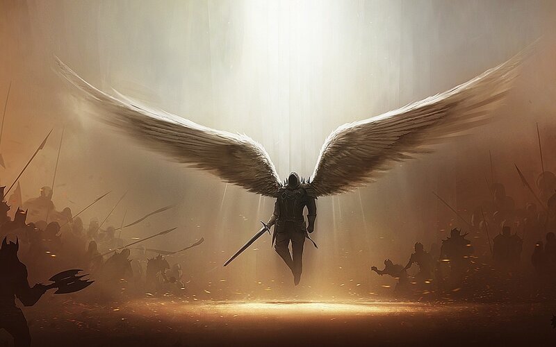 Angelic Warrior with Wings — Brown, Dramatic, Digital Art, Sword