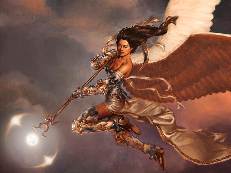 Angelic Warrior with Wings — Brown, Dramatic, Sunset, Digital Art, Staff