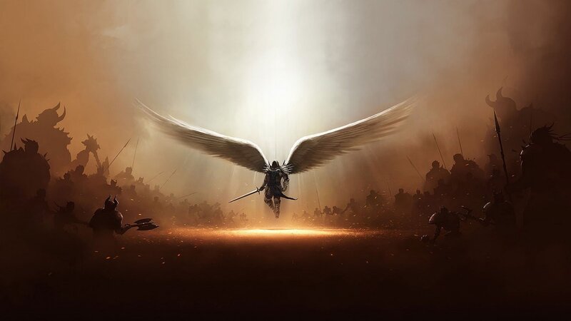 Angelic Warrior with Wings — Brown, Dramatic, Sunset, Digital Art, Sword, Army
