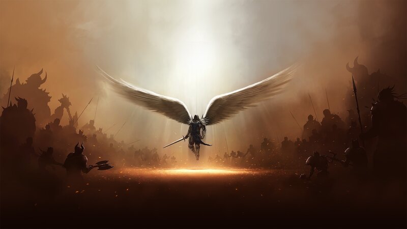 Angelic Warrior with Wings — Brown, Dramatic, Sunset, Digital Art, Sword