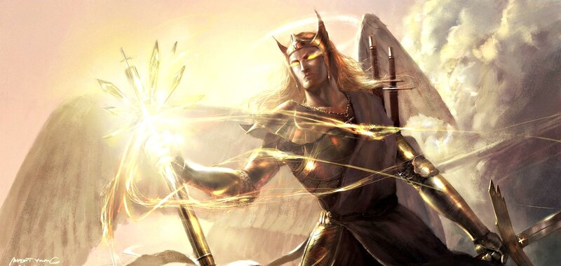 Angelic Warrior with Wings — Gold, Dramatic, Digital Art, Spear