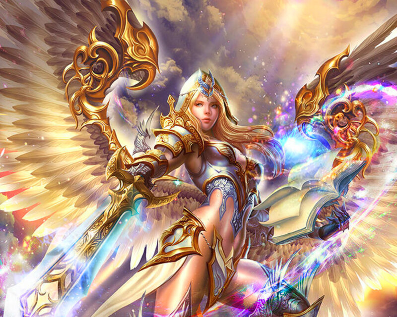 Angelic Warrior with Wings — Gold, Dramatic, Digital Art, Sword, Armor, Book