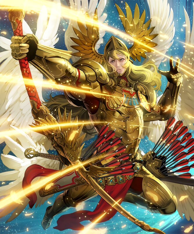 Angelic Warrior with Wings — Gold, Dramatic, Digital Art, Sword, Arrows