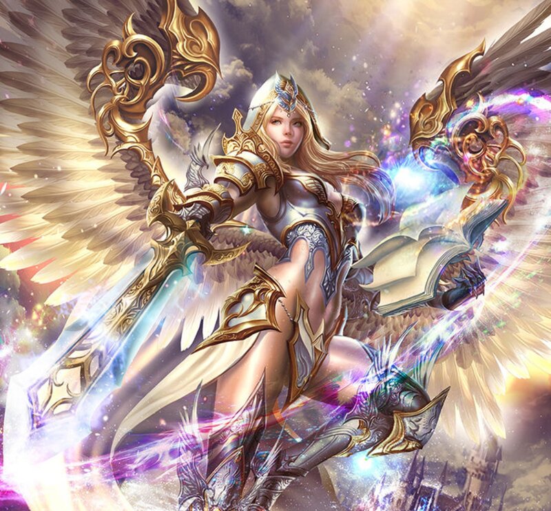 Angelic Warrior with Wings — Gold, Dramatic, Digital Art, Sword, Book