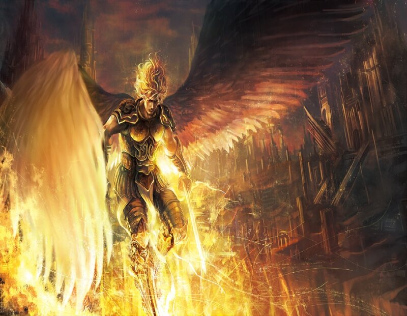 Angelic Warrior with Wings — Gold, Dramatic, Digital Art, Sword, Fire