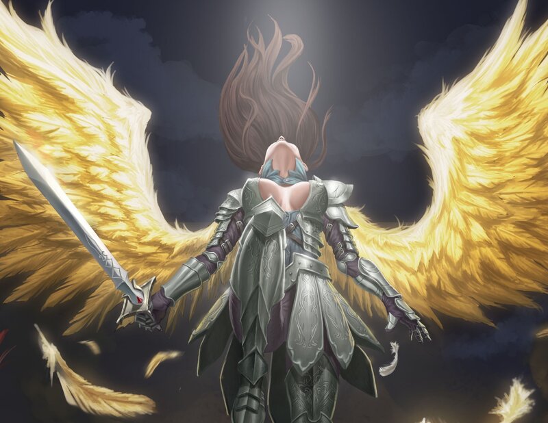 Angelic Warrior with Wings — Gold, Dramatic, Night