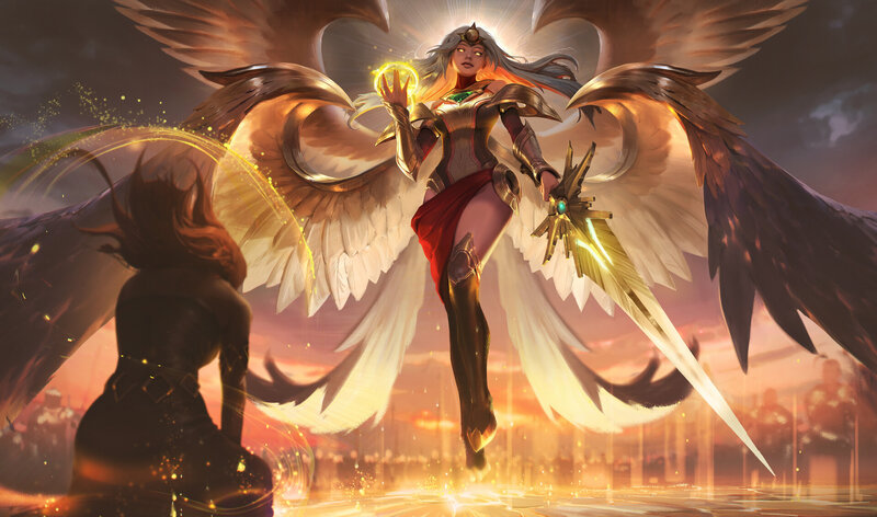 Angelic Warrior with Wings — Gold, Dramatic, Sunset, Digital Art, Sword