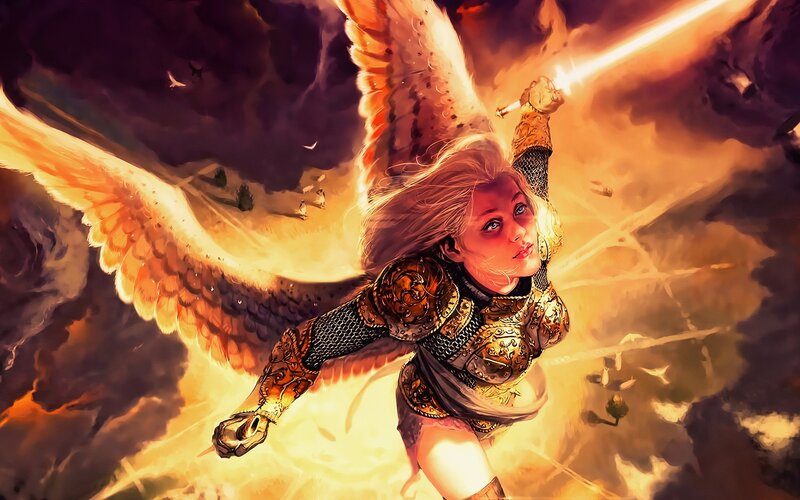 Angelic Warrior with Wings — Gold, Dramatic, Sunset, Digital Art