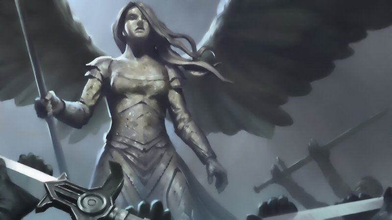 Angelic Warrior with Wings — Gray, Dramatic, Digital Art, Sword, Armor