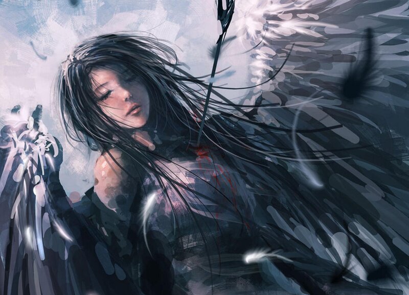 Angelic Warrior with Wings — Gray, Dramatic, Digital Art, Sword