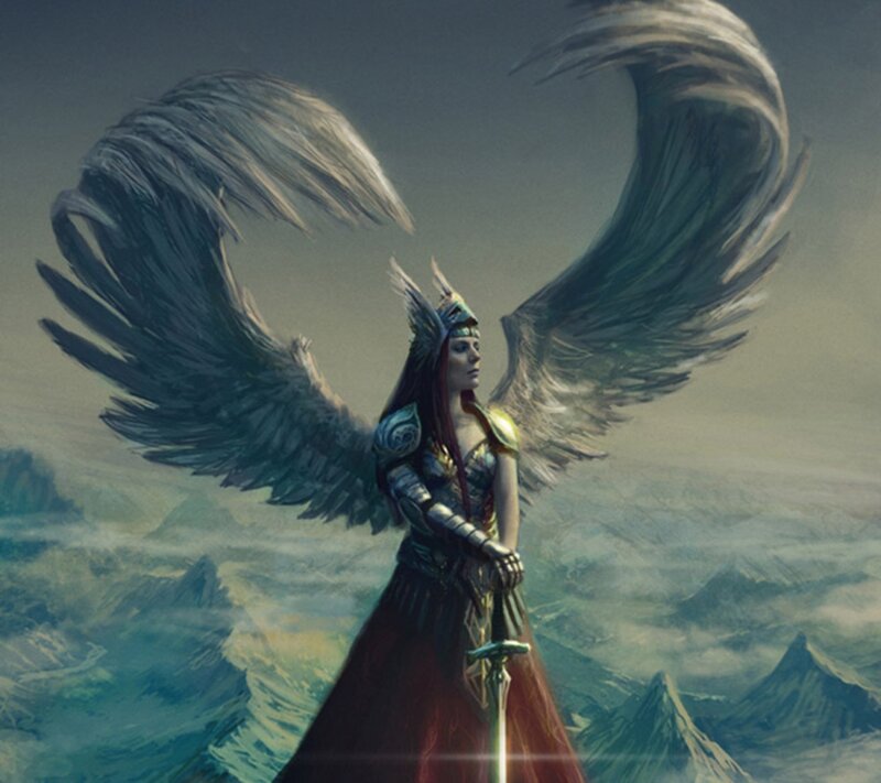 Angelic Warrior with Wings — Gray, Dramatic, Digital Art