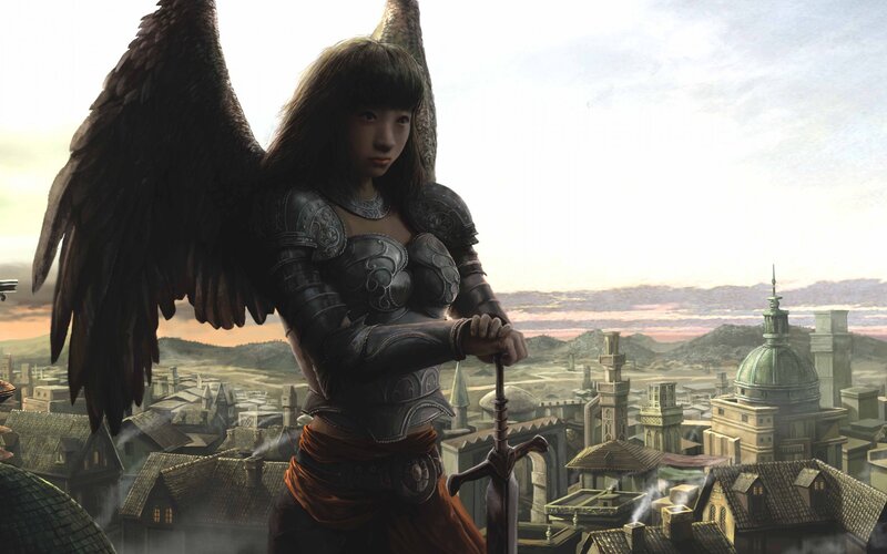 Angelic Warrior with Wings — Gray, Dramatic, Sunset