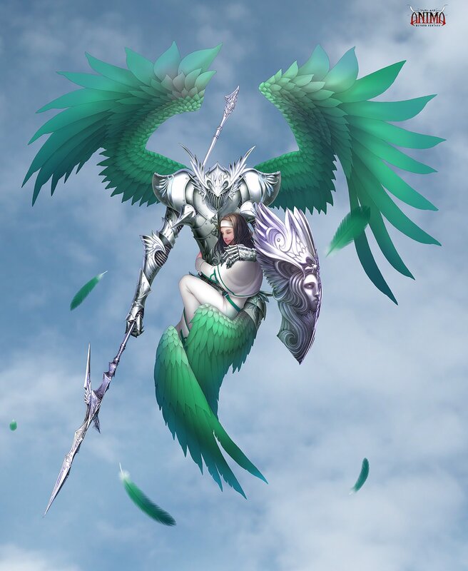 Angelic Warrior with Wings — Green, Dramatic, Digital Art