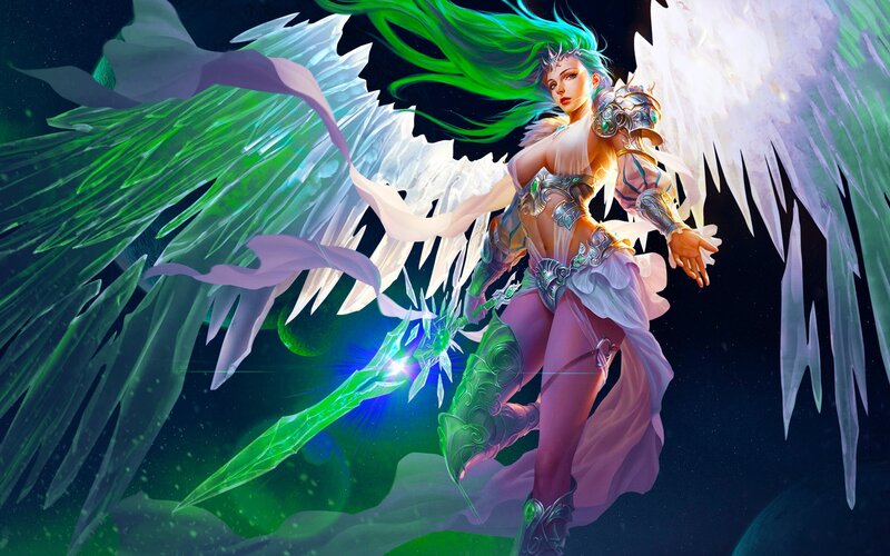 Angelic Warrior with Wings — Green, Dramatic, Night