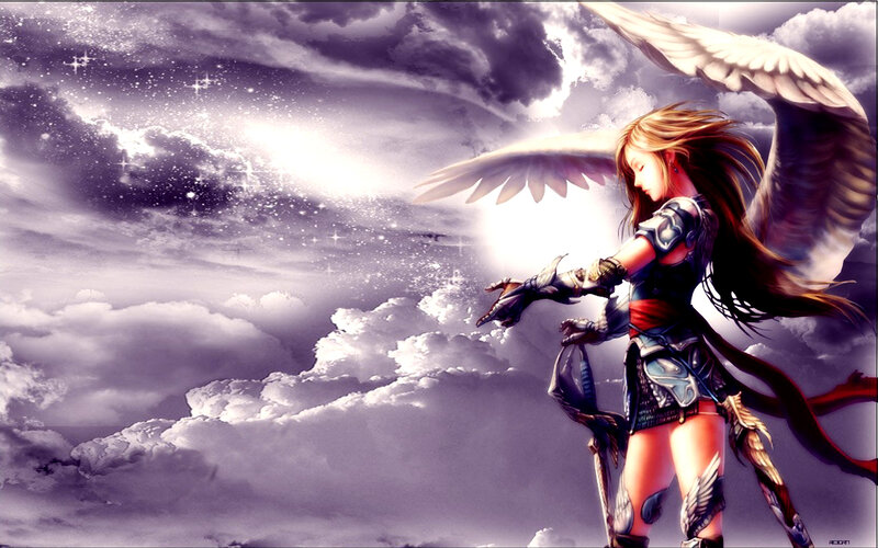 Angelic Warrior with Wings — Purple, Dramatic, Digital Art, Clouds