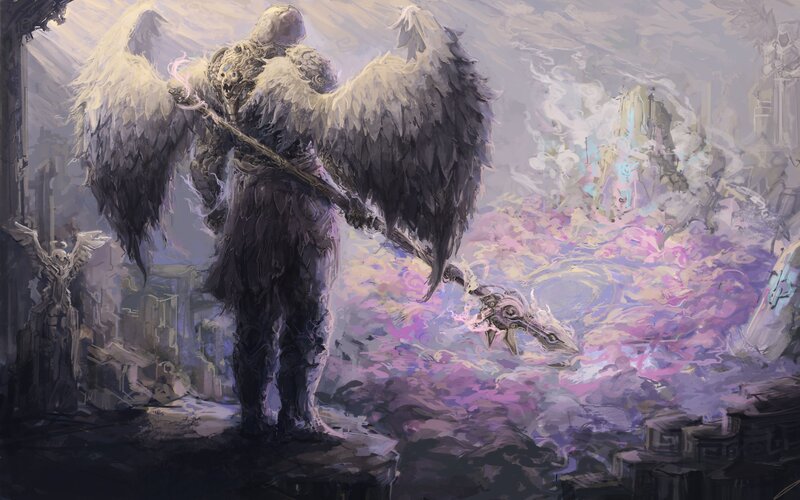 Angelic Warrior with Wings — Purple, Dramatic, Digital Art, Spear