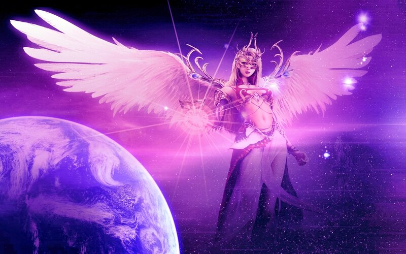 Angelic Warrior with Wings — Purple, Dramatic, Night, Digital Art, Planet