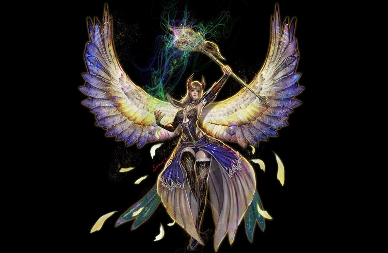 Angelic Warrior with Wings — Purple, Dramatic, Night, Digital Art, Staff, Magic