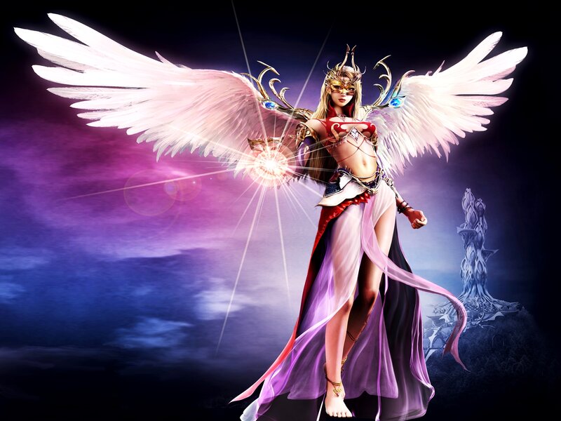 Angelic Warrior with Wings — Purple, Dramatic, Night, Digital Art