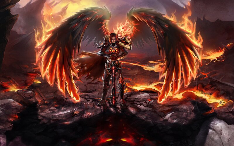 Angelic Warrior with Wings — Red, Dramatic, Digital Art, Fire, Armor
