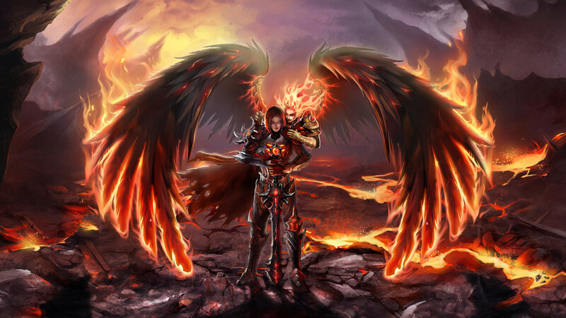 Angelic Warrior with Wings — Red, Dramatic, Digital Art, Fire
