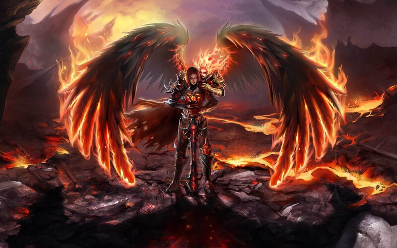 Angelic Warrior with Wings — Red, Dramatic, Digital Art, Flames, Armor