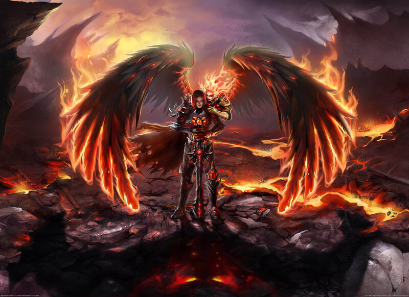 Angelic Warrior with Wings — Red, Dramatic, Digital Art, Flames