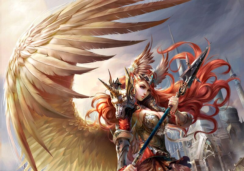 Angelic Warrior with Wings — Red, Dramatic, Digital Art, Spear, Castle