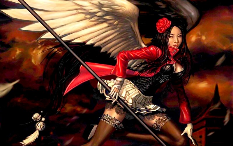 Angelic Warrior with Wings — Red, Dramatic, Digital Art, Spear