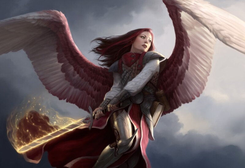 Angelic Warrior with Wings — Red, Dramatic, Digital Art, Sword, Armor