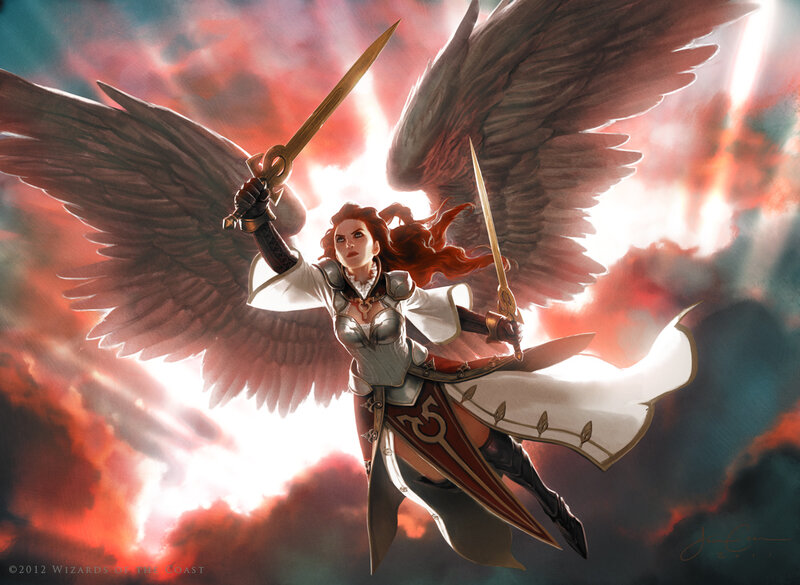Angelic Warrior with Wings — Red, Dramatic, Digital Art, Sword, Clouds