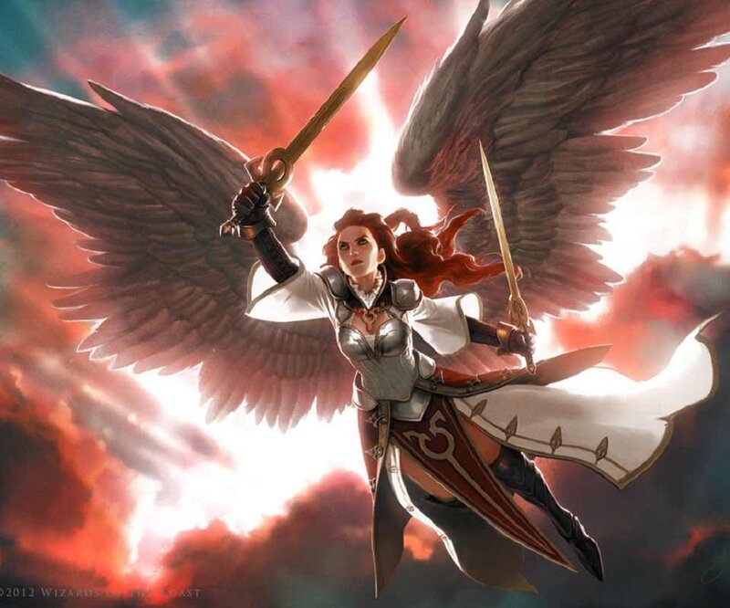 Angelic Warrior with Wings — Red, Dramatic, Digital Art, Sword
