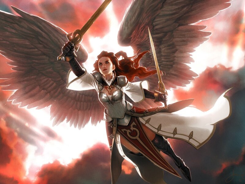 Angelic Warrior with Wings — Red, Dramatic, Digital Art, Swords, Cape